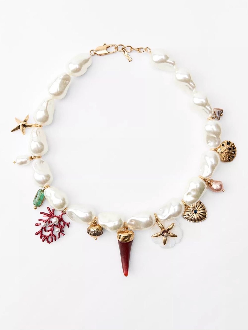 Zara Baroque Pearl Charm Necklace with Coral & Shell Accents